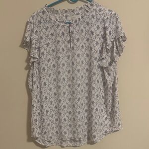 LOFT Ruffle Sleeve Floral Blouse - White and Blue